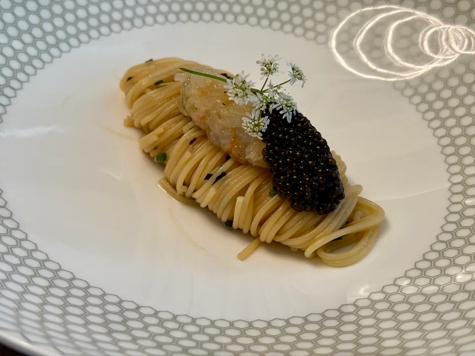 Capellini with langoustine tartare and caviar.