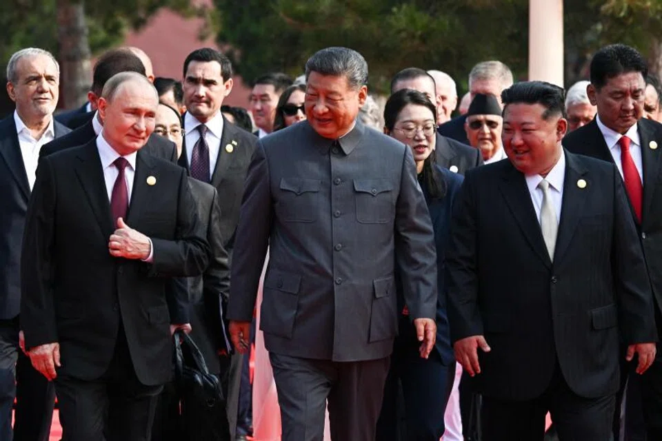 From left: Russia's President Vladimir Putin walking with China's President Xi Jinping and North Korea's leader Kim Jong Un before a military parade marking the 80th anniversary of victory over Japan and the end of World War II, in Tiananmen Square, Beijing, on Sep 3. 