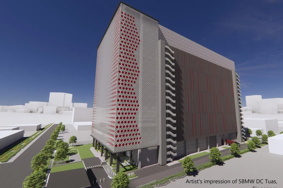 An artist's impression of Singtel's upcoming data centre in Tuas. It is designed to support artificial intelligence, as well as drive greater energy and water efficiency. 
