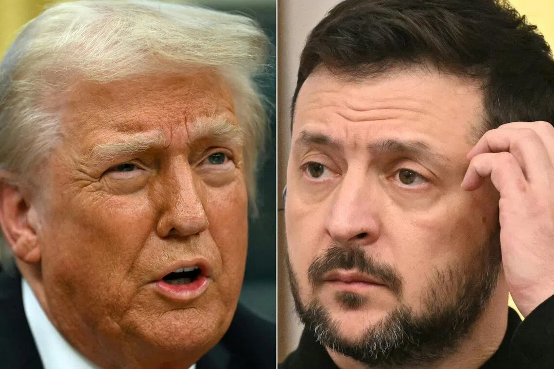 US President Donald Trump (left), who initially promised to end the war in "24 hours", has gone from admiring Russian President Putin and calling Ukraine President Volodymyr Zelensky a "dictator", to slapping Moscow with major sanctions and hinting at Ukraine taking its land back.