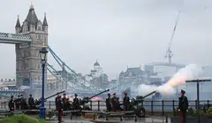Members of the Honourable Artillery Company fire a 62 Gun Royal Salute, to mark the first Anniversary of the Coronation of Britain's King Charles III and Britain's Queen Camilla.