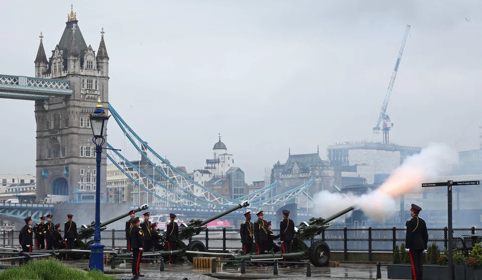Members of the Honourable Artillery Company fire a 62 Gun Royal Salute, to mark the first Anniversary of the Coronation of Britain's King Charles III and Britain's Queen Camilla.