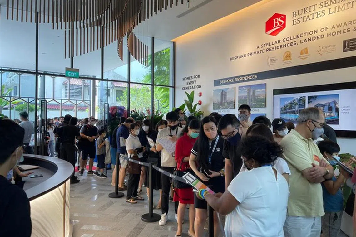 Potential buyers at the preview of Bukit Sembawang Estates' Liv @ MB. The company has reported a 14.5 per cent fall in revenue to S$76.5 million for the half year ended Mar 31, 2023.