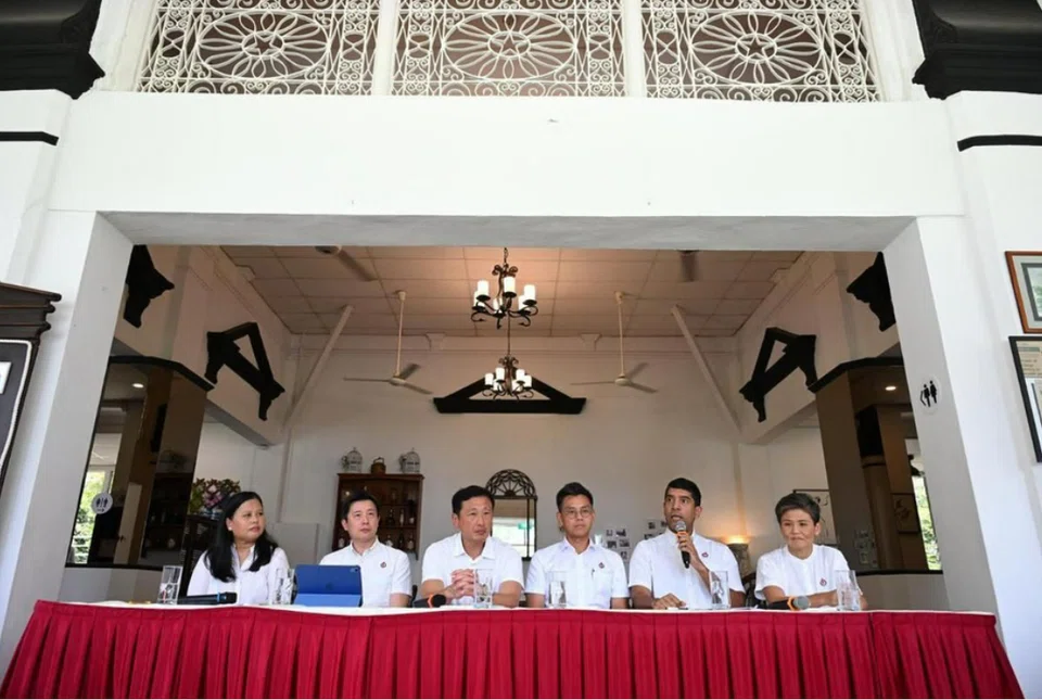 (From left)  Mariam Jaafar, Gabriel Lam, Minister Ong Ye Kung,  Ng Shi Xuan,  Vikram Nair and Poh Li San at the announcement of PAP candidates for Sembawang GRC and Sembawang West SMC on April 22. 