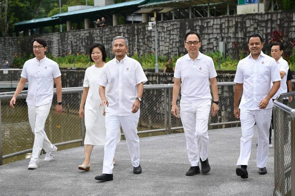 Bukit Panjang SMC MP Liang Eng Hwa (second from right) and Holland-Bukit Timah GRC MPs (from left) Mr Edward Chia, Ms Sim Ann, Dr Vivian Balakrishnan and Mr Christopher de Souza on Apr 15.