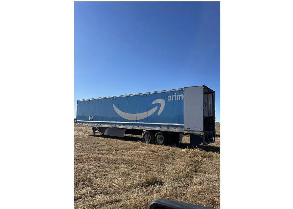 A trailer with the Amazon logo which was among those located by sheriff's deputies in Kern County, California, in connection with the cargo thefts. 