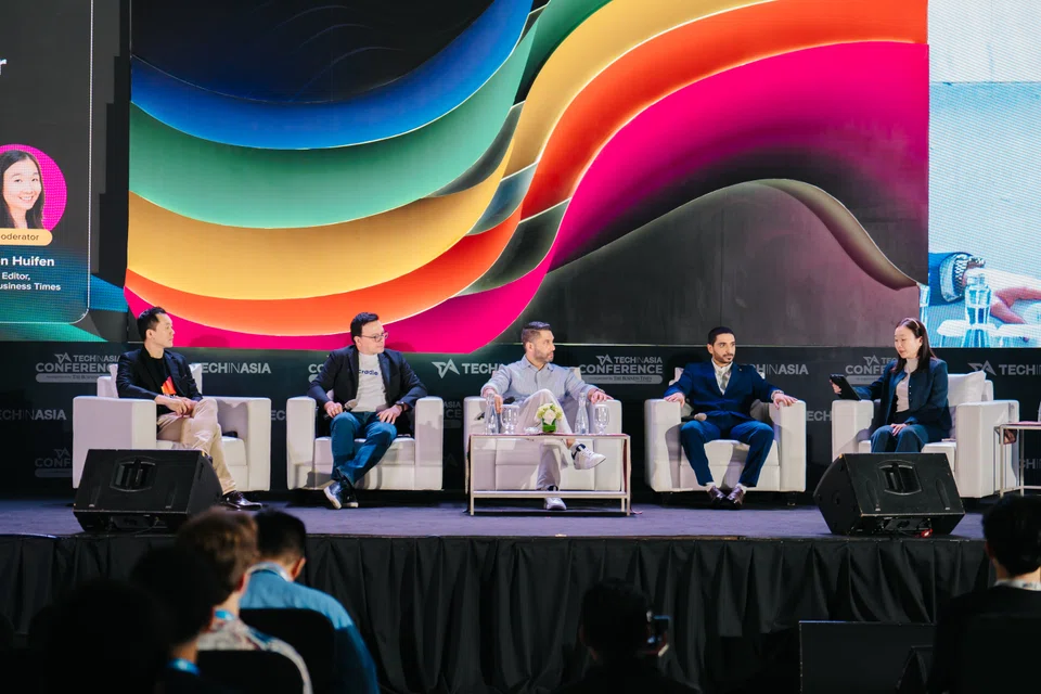 From left: Melvin Ng of Airalo, Norman Vanhaecke of Cradle Fund, Aditya Aima of AnyMind Group, and Abdulla Almehsin of Abu Dhabi's Early Childhood Authority speaking with BT editor Chen Huifen in Jakarta on Oct 23.