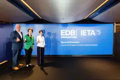 From left: Dirk Forrister, IETA president and chief executive; Low Yen Ling, senior minister of state for trade and industry; and Jacqueline Poh, managing director, Singapore Economic Development Board