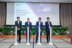 From left: IMDA assistant chief executive of the sectoral transformation group Leong Der Yao; Senior Minister of State for Digital Development and Information Tan Kiat How; DBS group head of corporate and SME banking Koh Kar Siong; and EnterpriseSG executive director Simon Lim, at the launch of Spark GenAI.