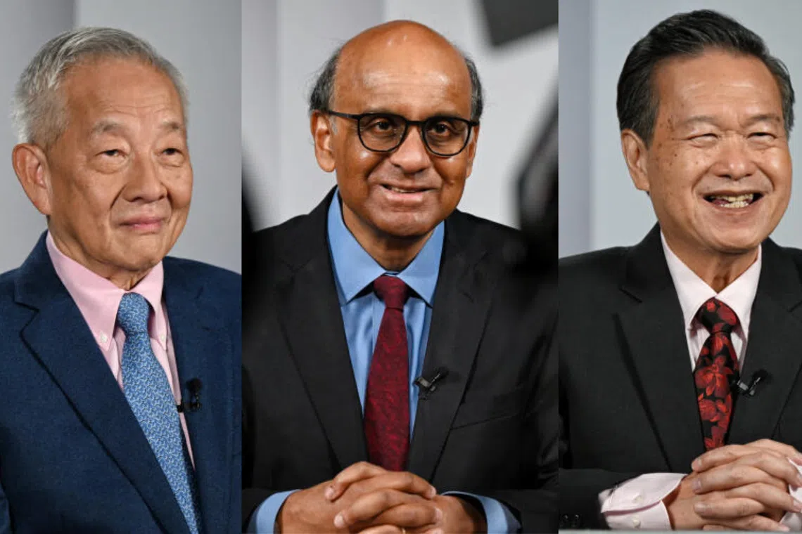 From left: Ng Kok Song, Tharman Shanmugaratnam, and Tan Kin Lian. Political impartiality is one of the hot topics in the candidates' broadcasts.