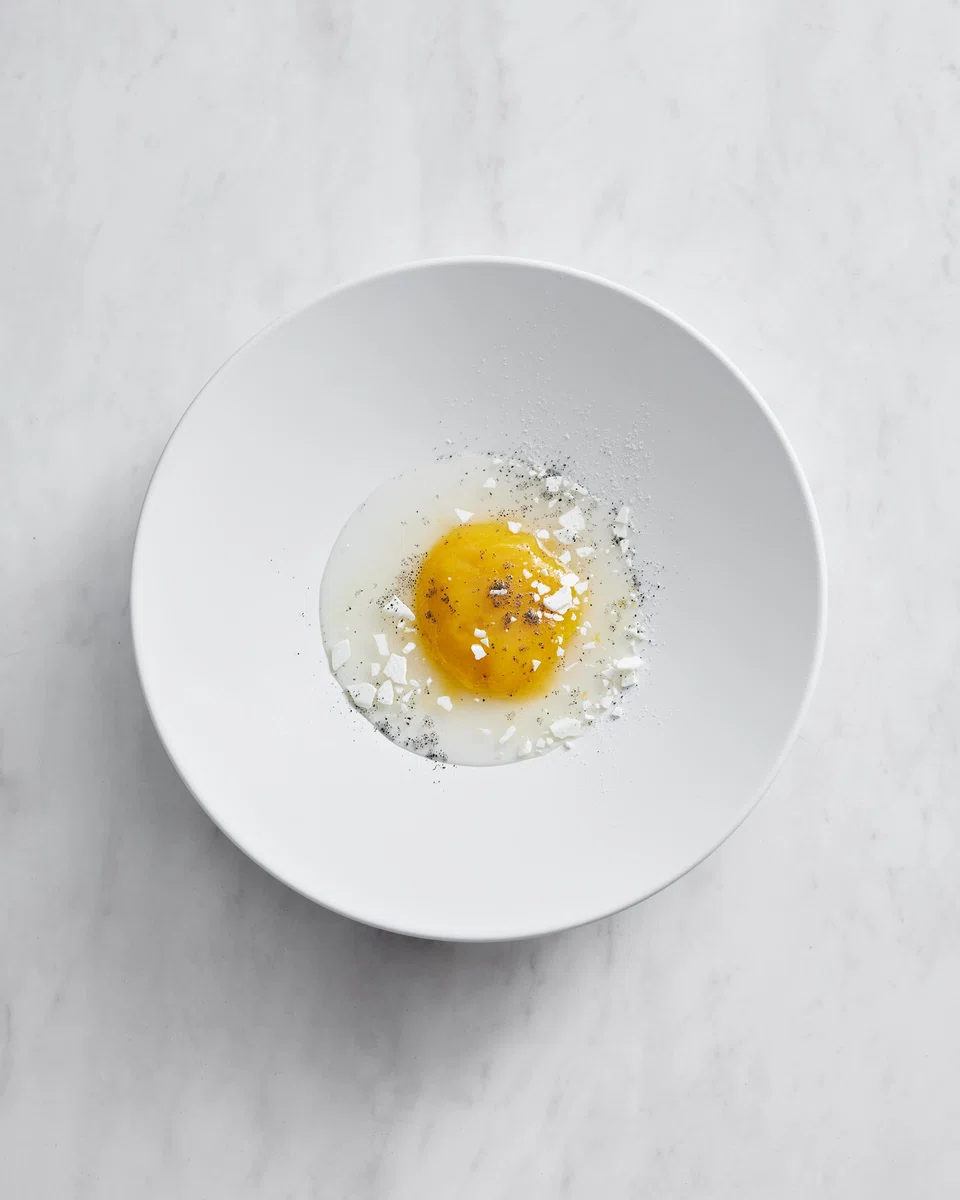 Mango sorbet and coconut jelly made to look like a raw egg for dessert.