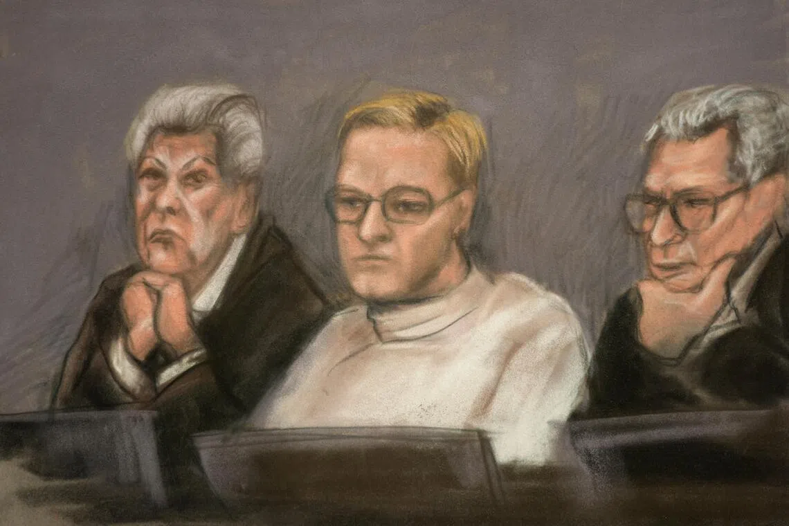 A courtroom sketch shows Marius Borg Hoiby (centre) during the first day of the trial in Oslo, Norway, Feb 3, 2026.