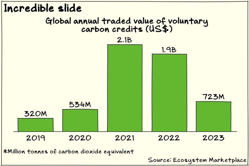 The global traded value of voluntary carbon credits fell 61 per cent to US$723 million in 2023.