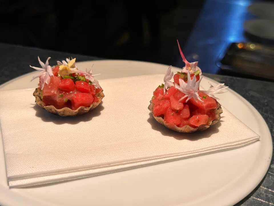 Chutoro tarts get extra flavour from sesame oil and a dusting of seaweed powder.