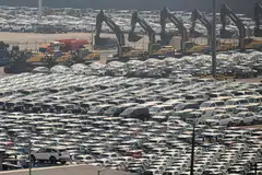 Vehicles for export are parked at a port in Pyeongtaek, South Korea, April 3, 2025. 