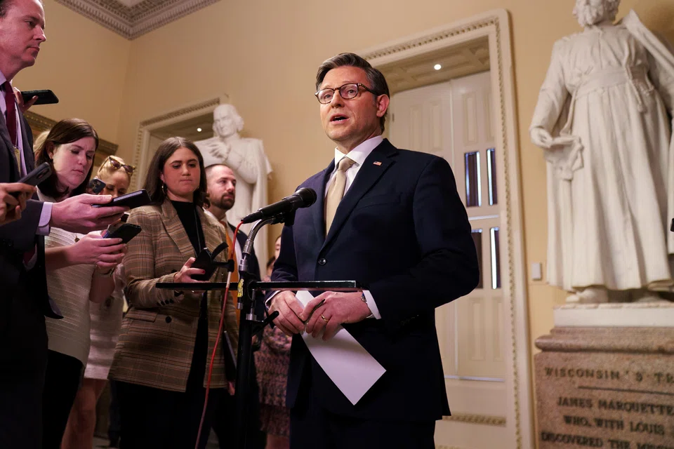 US House Speaker Mike Johnson speaks to the media following a vote on the House floor at the US Capitol,  Washington, D.C., March 11, 2025. The vote secured the passage of a  continuous resolution on government funding by 217 to 213 votes, as the bill will now pass to the Senate to vote on before the deadline of March 14 to avert a shutdown of the US government. 