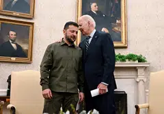 US President Joe Biden meets with Ukrainian President Volodymyr Zelensky in the Oval Office of the White House in Washington, DC, on Sept 21, 2023. Zelensky will meet with US President Joe Biden and Democratic presidential nominee Kamala Harris at the White House on Sept 26, 2024.