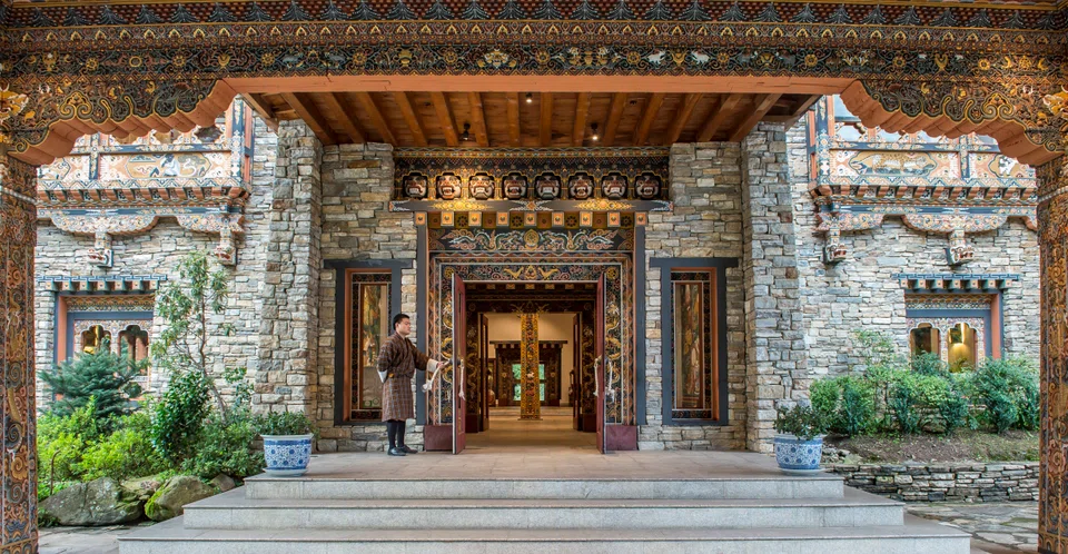 The main entrance of Zhiwaling Heritage Hotel, Bhutan's first locally owned luxury hotel. It features the work of artisans and is staffed by local Bhutanese, some of whom have been trained in Switzerland.  