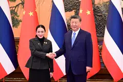 Chinese President Xi Jinping and Thai Prime Minister Paetongtarn Shinawatra shake hands at the Great Hall of the People in Beijing on Feb 6. The Thai leader’s official visit to China from Feb 5 to Feb 8 is her first since taking office in August, marking the 50th anniversary of diplomatic ties between the two countries.