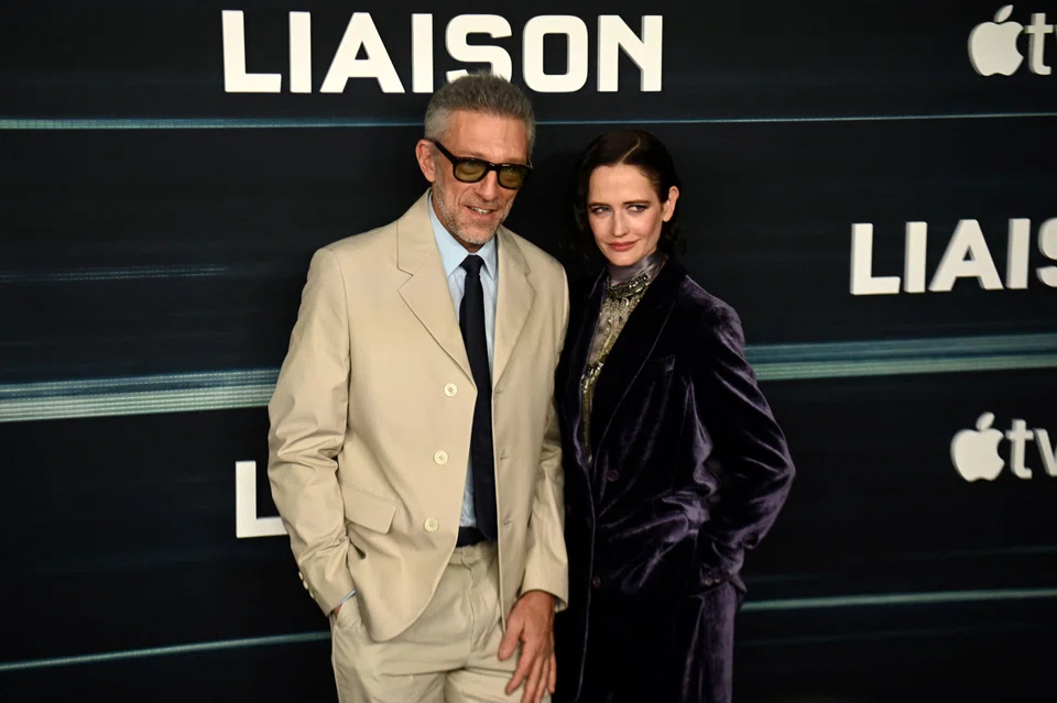 French actor Vincent Cassel (left) is appearing in two blockbuster French films and Apple TV's spy thriller Liaison, in which he co-stars with fellow French export Eva Green (right).