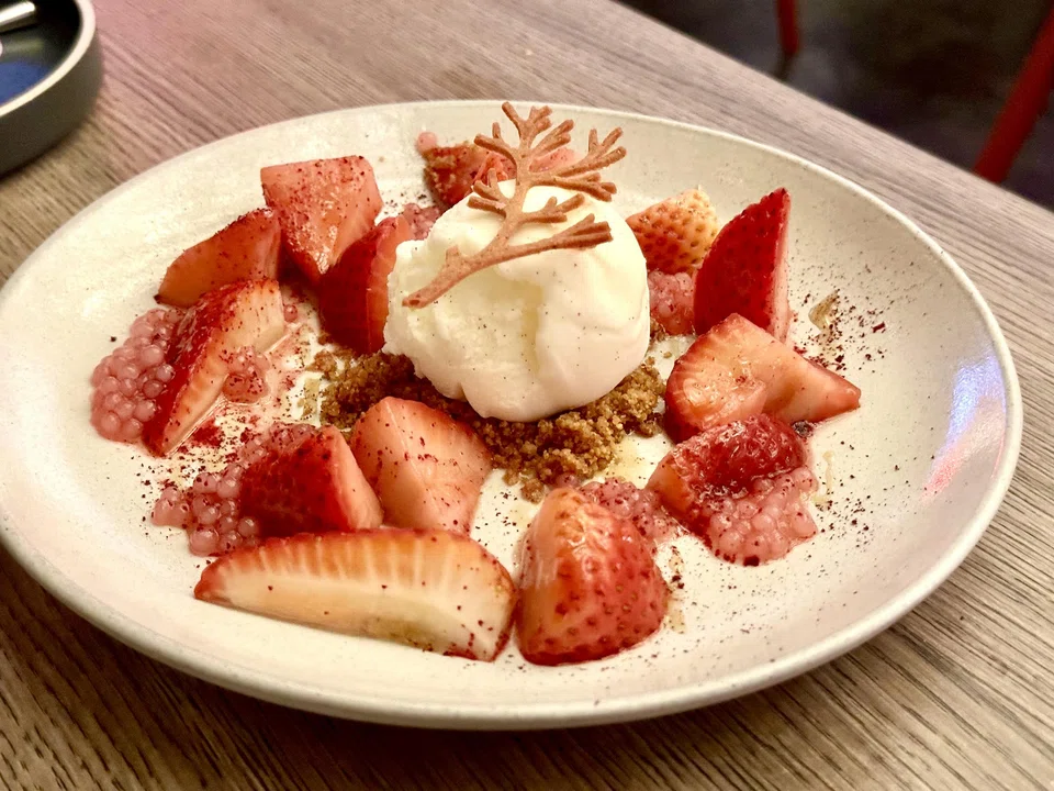 Strawberries and Hokkaido milk ice cream.