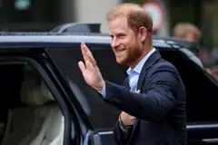Britain's Prince Harry waves as he departs the Centre for Blast Injury Studies, at the Imperial College in London, Britain, Sep 10, 2025. 
