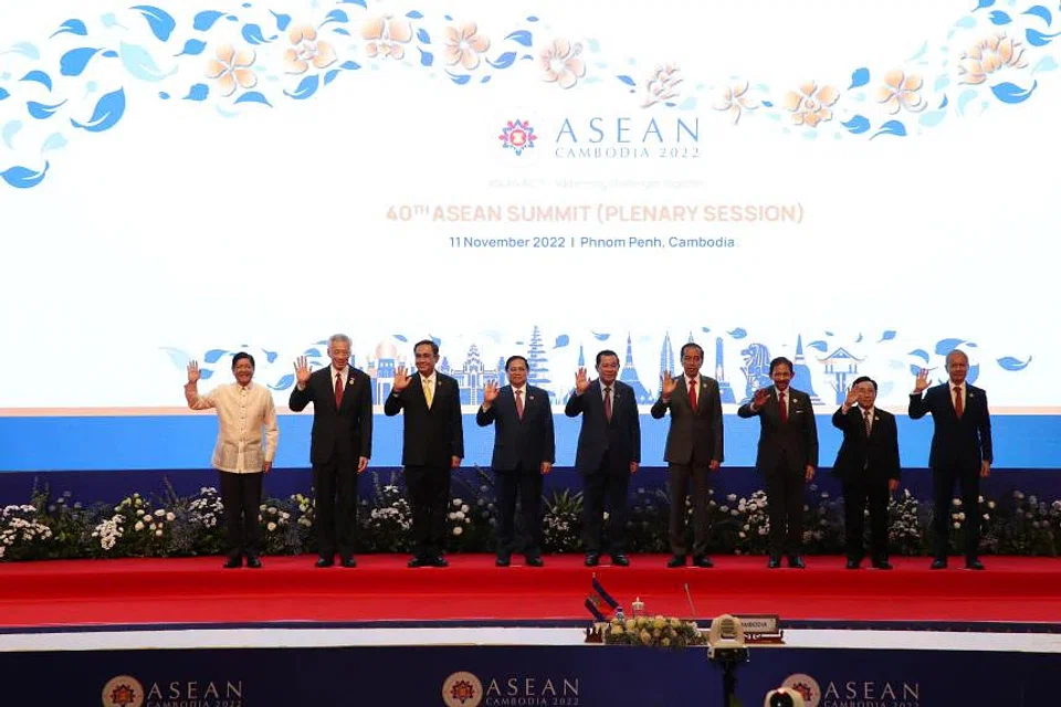 Singapore's Prime Minister Lee Hsien Loong (second from left) with other Asean leaders at the 40th Asean Summit on Friday. PM Lee said the grouping must maintain unity, uphold Asean centrality and continue to champion a rules-based world order. 