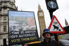 An anti-Brexit protester in London on May 22. The various issues leading from Britain's withdrawal from the EU may deliver the Conservative Party a catastrophic defeat at the upcoming general election.