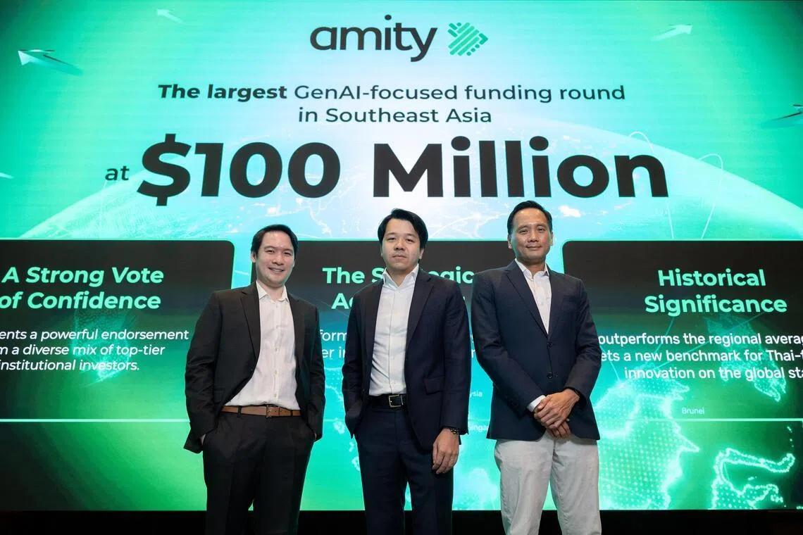 From left: Touchapon Kraisingkorn, chairman of Amity's AI Research and Application Center, Korawad Chearavanont, founder and executive chairman of Amity Group, and Keng Teik Koay, Amity's group co-CEO at an event announcing Amity's series D funding at The Okura Prestige Bangkok Hotel in Bangkok on Mar 25.