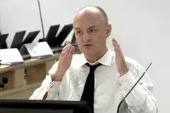 Former special advisor at 10 Downing Street, Dominic Cummings, giving evidence to the UK Covid-19 inquiry, in west London, Oct 31, 2023. 