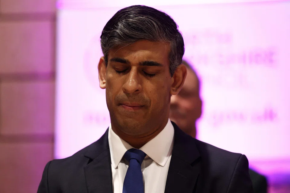 Britain's Prime Minister and Conservative Party leader Rishi Sunak reacts as he waits for the declaration of results for Richmond and Northallerton in Northallerton, Britain, July 5, 2024. 