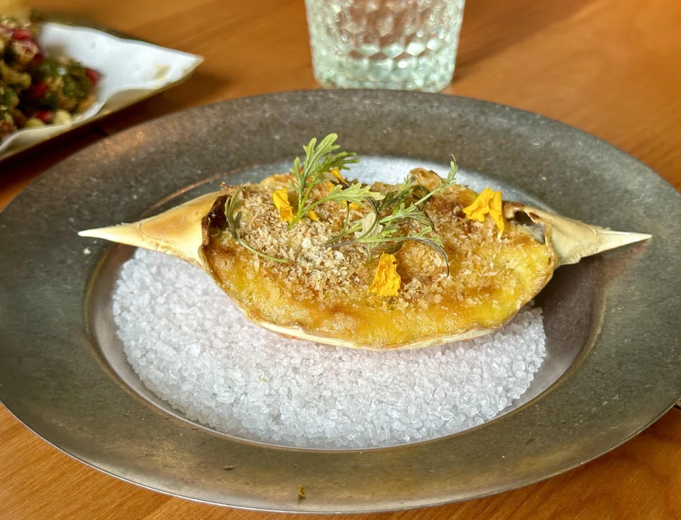 Crab thecha thermidor is stuffed with crabmeat and has a gratinated topping.