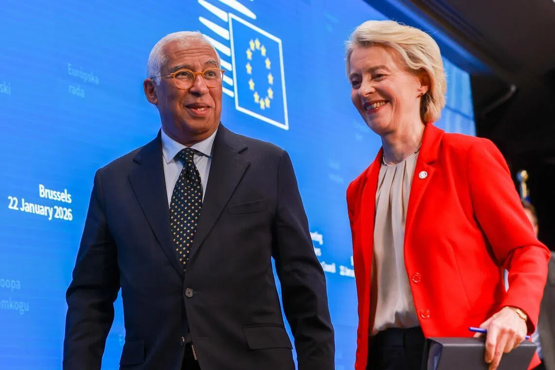(From left) European Council President Antonio Costa and European Commission President Ursula von der Leyen during a press conference in Brussels, Belgium, Jan 23, 2026. 
