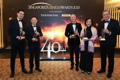 Award winners from the 40th Singapore Business Awards. (From left) Young Business Leader of the Year Aaron Tan, co-founder and CEO of Carro; Michael Mun, executive chair and CEO of Aztech Global, which clinched the Enterprise Award; Businessman of the Year Laurent Junique, CEO of TDCX; Outstanding Chief Executive of the Year Helen Wong, group CEO of OCBC; and Outstanding Overseas Executive of the Year Irving Tan, CEO of Western Digital Corporation.