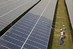 Workers cleaning photovoltaic panels in a solar power plant. Research has found that people are persuaded to install such panels if they see them on their neighbours' rooftops.