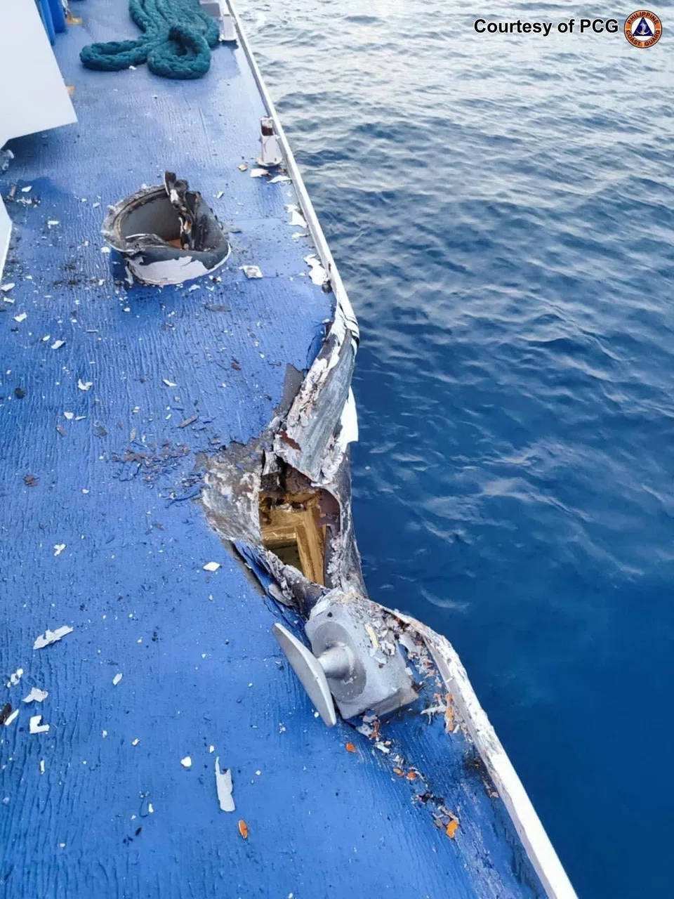 A handout photo made available by the Philippine Coast Guard shows the damaged ship BRP Cape Engano following a collision with a Chinese coast guard vessel near Sabina Shoal in disputed waters of the South China Sea.