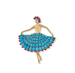 Dancer clip, 1952, in yellow gold and platinum with rubies, turquoise and diamond.