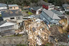 This aerial photo shows damaged and destroyed homes along a street in Wajima, Ishikawa prefecture on Jan 2, 2024, a day after a major 7.5 magnitude earthquake struck the Noto region in Ishikawa prefecture. 