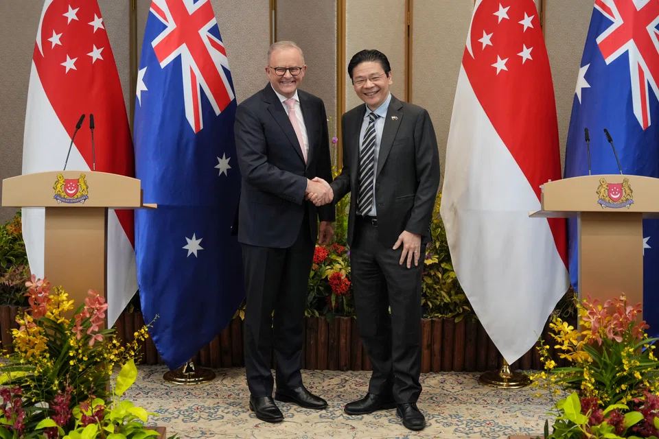 Prime Minister Lawrence Wong (right) with his Australian counterpart Anthony Albanese at the Istana on April 10.