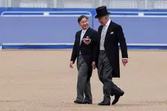 Japan's Emperor Naruhito and Britain's King Charles after inspecting the Guard of Honour formed by the 1st Battalion Welsh Guards during a state visit in London.