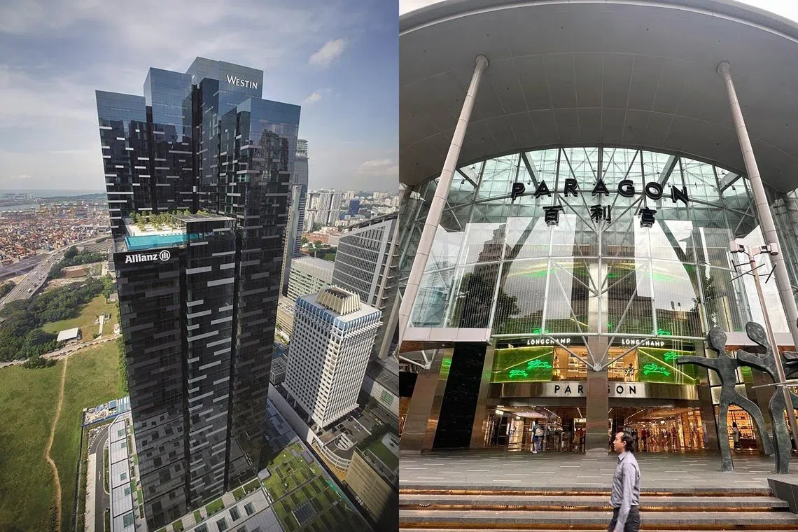 CICT's purchase of Paragon mall (right) will be funded with funds from the divestment of Asia Square Tower 2 (left).