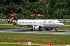 A view shows Air India flight AI 379 that had to make an emergency landing back at Phuket Airport, due to a note of a bomb threat discovered mid-air, in Phuket, Thailand, Jun 13.