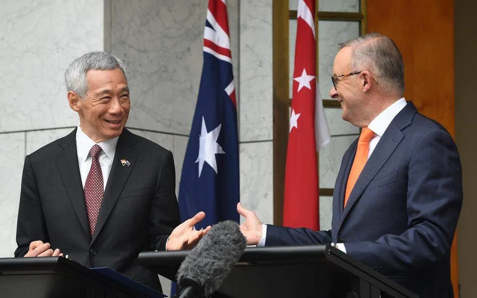 Singapore's Prime Minister Lee Hsien Loong and Australia's Prime Minister Anthony Albanese at the joint press conference for the 7th Annual Leaders' Meeting in Canberra on Oct 18. 
