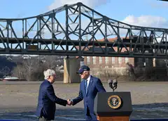 US President Joe Biden and Senate Minority Leader Mitch McConnell at an event on the bipartisan infrastructure law in front of the Brent Spence Bridge in Covington, Kentucky, on Jan 4, 2023. 