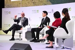 DBS chief executive officer Piyush Gupta (left) speaking at a panel session during Ecosperity, a sustainability conference organised by Temasek.