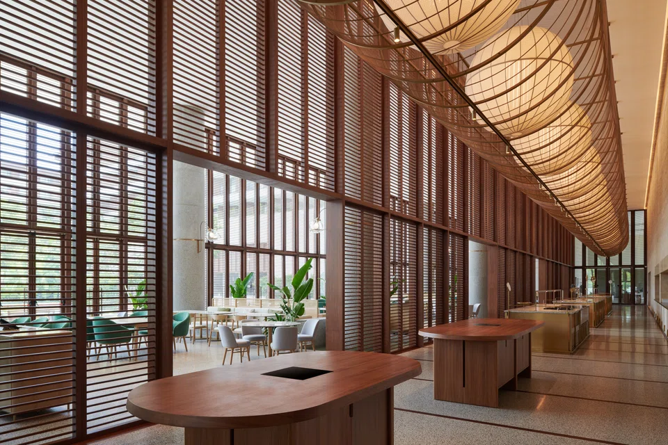 The food and beverage area at Sanya Wellness Retreat, designed by Neri&Hu.