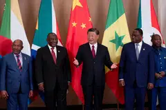 President of China Xi Jinping and South African President Cyril Ramaphosa at the China-Africa Leaders' Roundtable Dialogue on the last day of the Brics Summit, in Johannesburg, South Africa, Aug  24, 2023. 