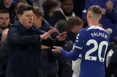 Chelsea manager Mauricio Pochettino (left) with Cole Palmer during the EPL match with Tottenham Hotspur on Thursday. Chelsea won 2-0 to move up to eighth in the table.