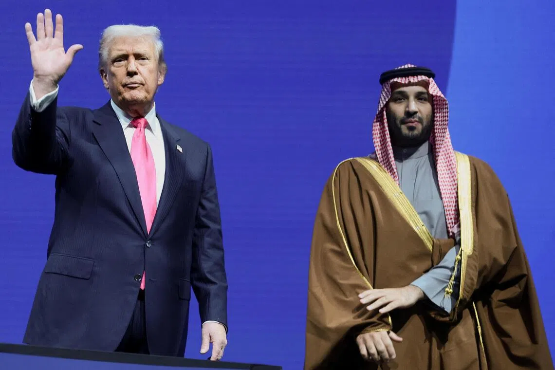 US President Donald Trump and Crown Prince Mohammed bin Salman of Saudi Arabia at the US-Saudi Investment Forum in Washington, DC., on Nov 19. Saudi Arabia secured access to 600,000 advanced Nvidia AI chips, alongside commitments for major data centre development.