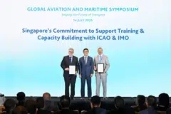 Acting Minister for Transport Jeffrey Siow with Juan Carlos Salazar, secretary-general, ICAO (left), and Arsenio Dominguez, secretary-general, IMO, at the opening ceremony of the Global Aviation and Maritime Symposium. 
